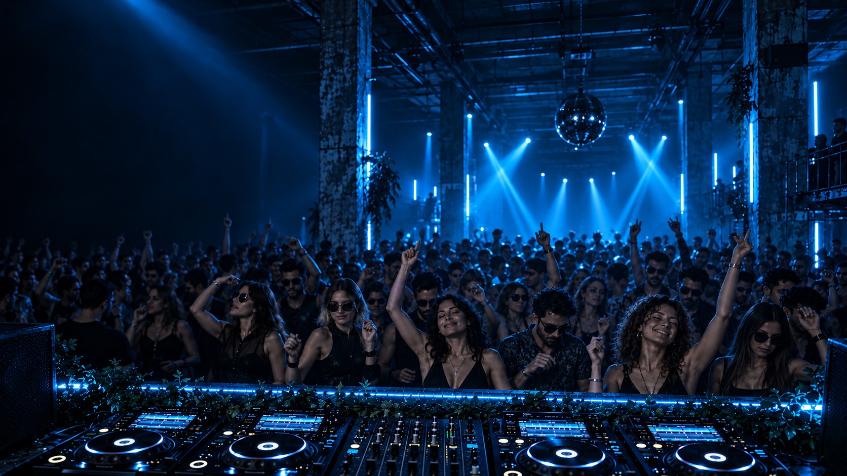 Neon lights above a club crowd, viewed from the DJ decks