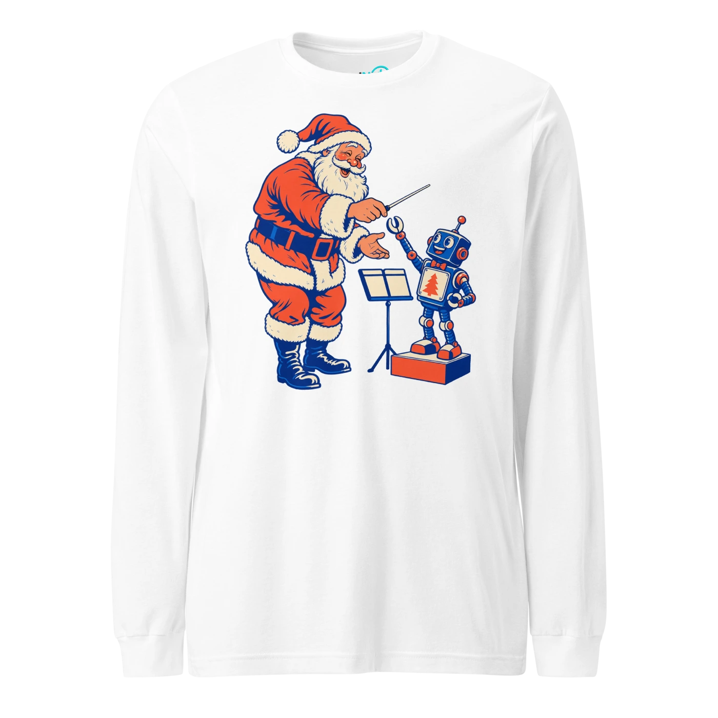 Santa conductor handing his baton to a toy robot Long Sleeve T-SHIRT