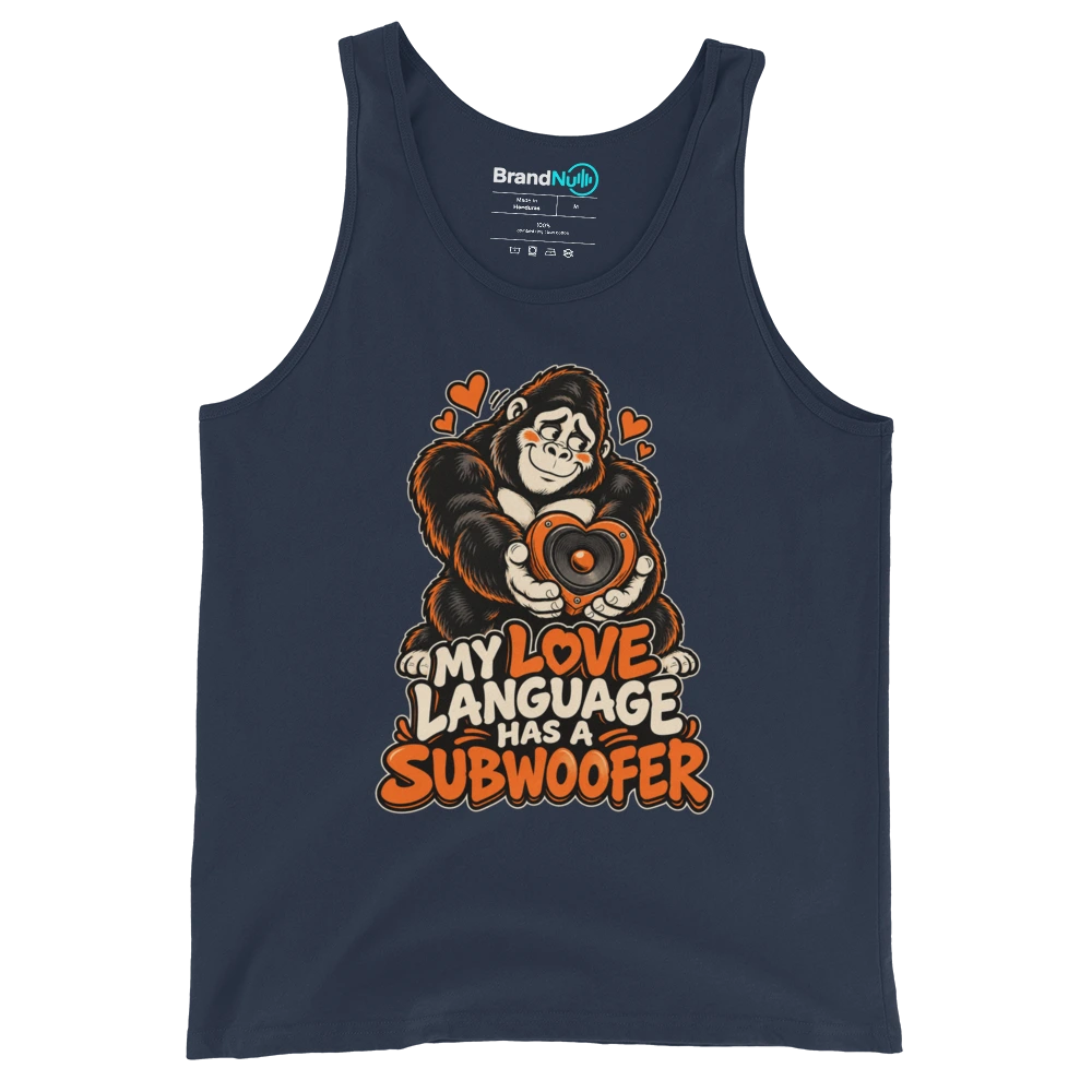 MY LOVE LANGUAGE HAS A SUBWOOFER Tank Top Navy Front