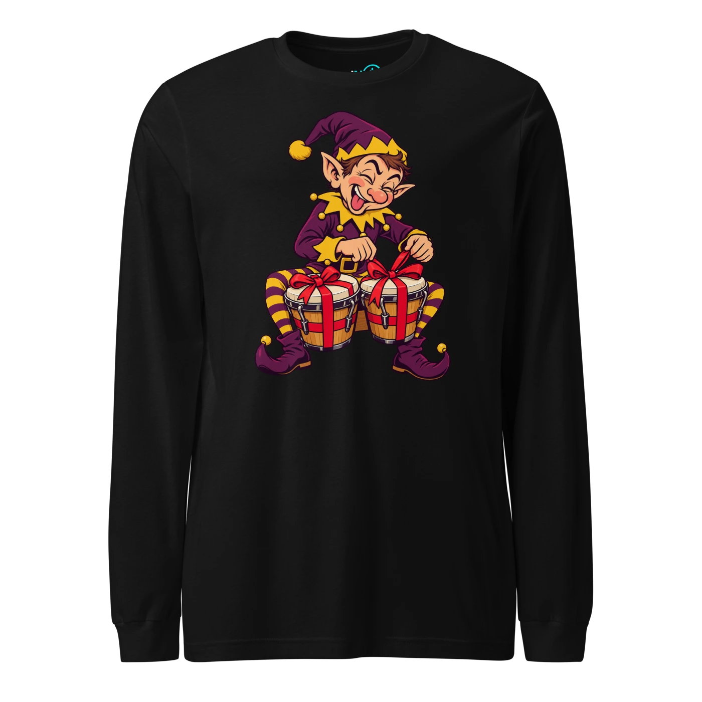 Elf tying gift bows around a pair of bongos Long Sleeve T Shirt Black Front