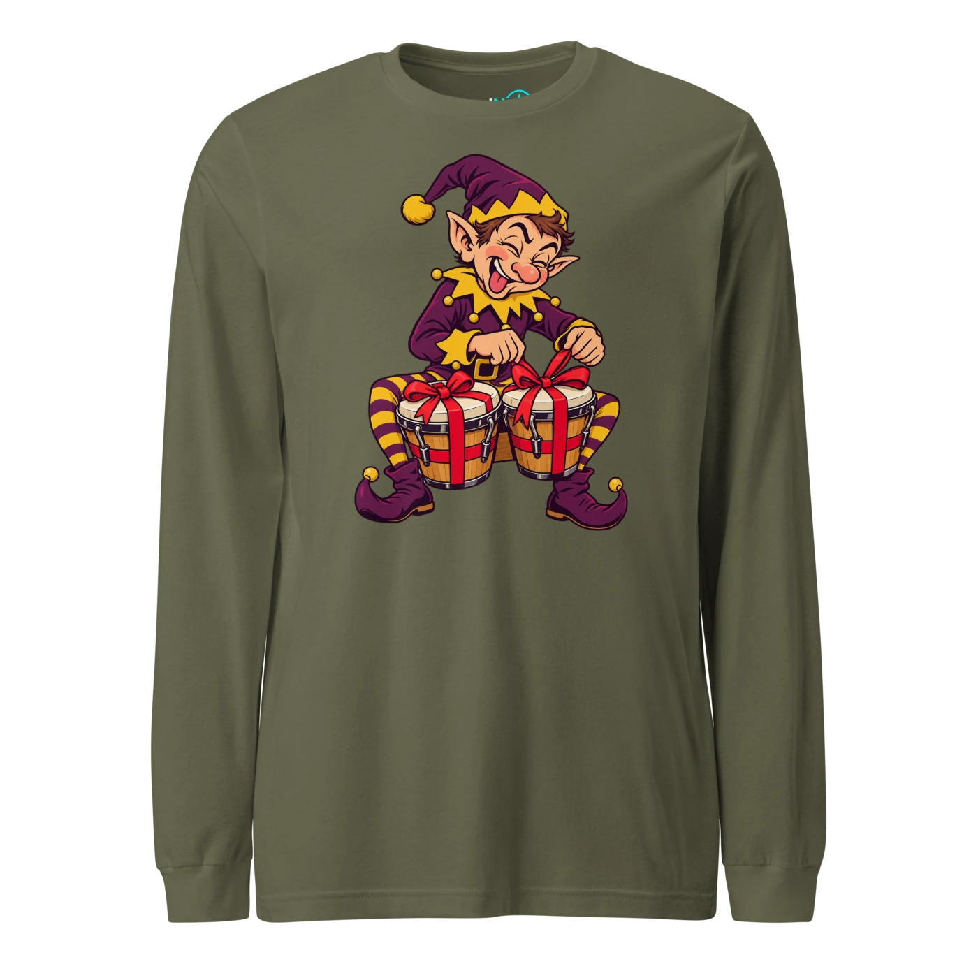 Elf tying gift bows around a pair of bongos Long Sleeve T Shirt Military Green Front