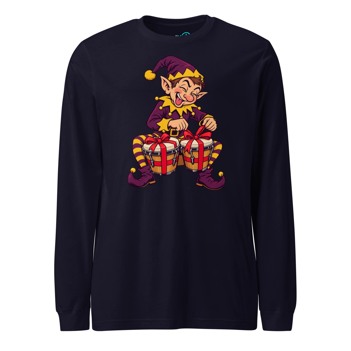 Elf tying gift bows around a pair of bongos Long Sleeve T Shirt Navy Front