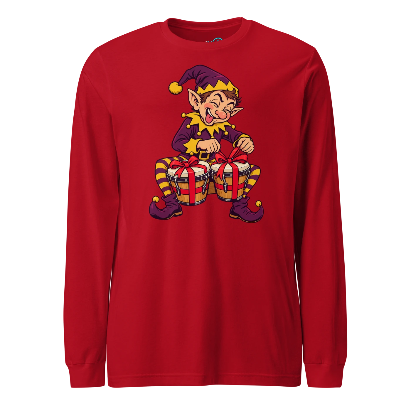 Elf tying gift bows around a pair of bongos Long Sleeve T Shirt Red Front