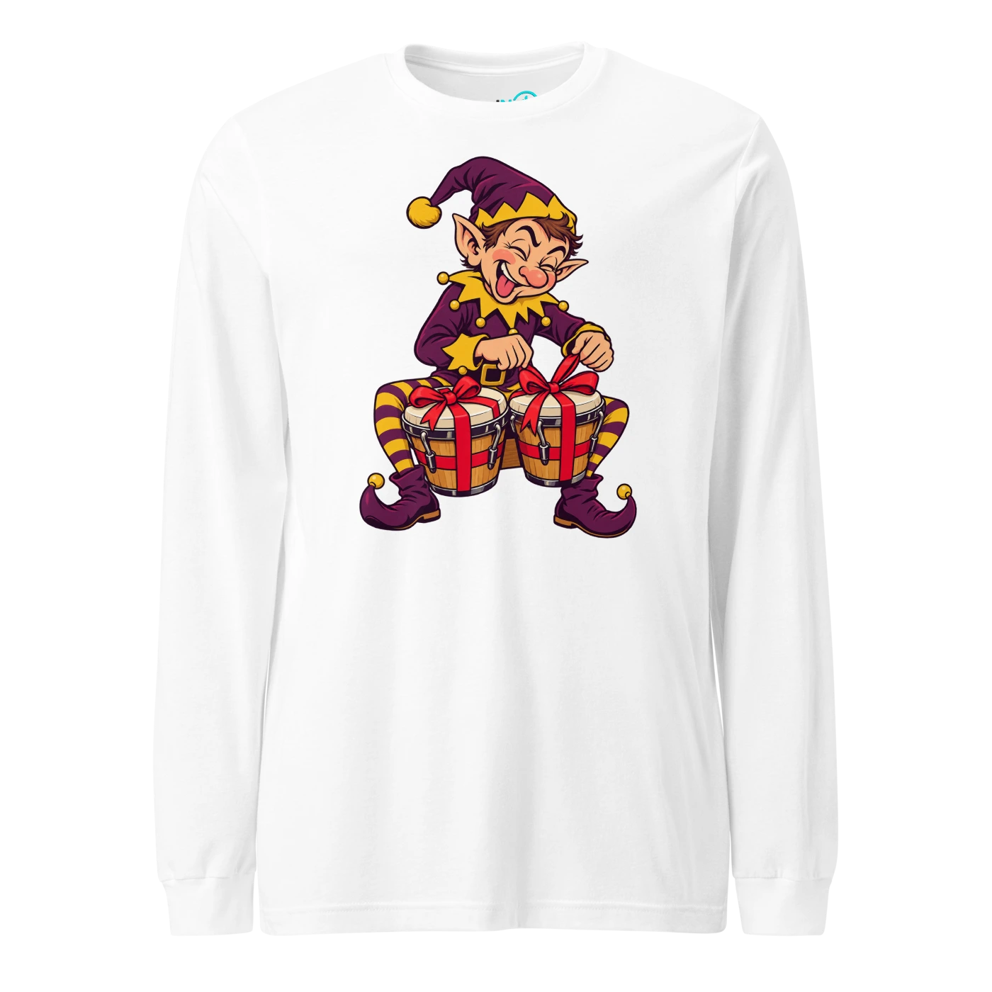 Elf tying gift bows around a pair of bongos Long Sleeve T-SHIRT