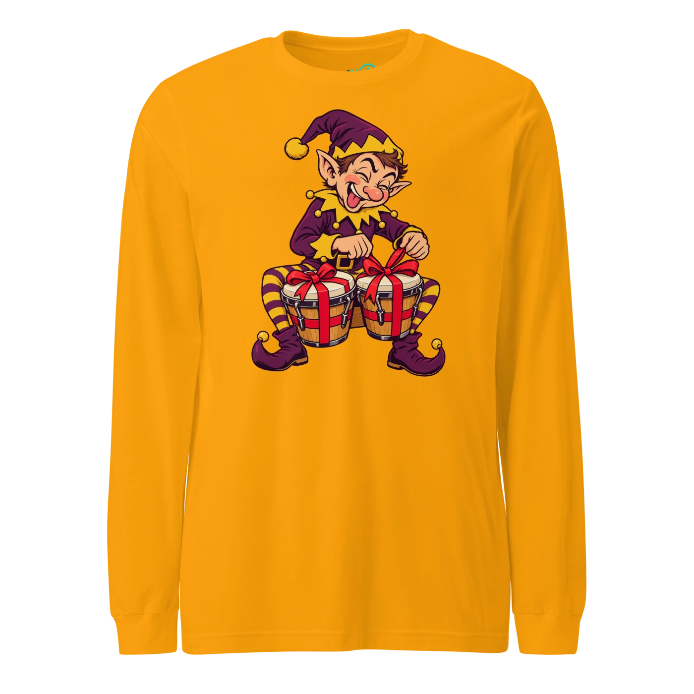 Elf tying gift bows around a pair of bongos Long Sleeve T Shirt Gold Front
