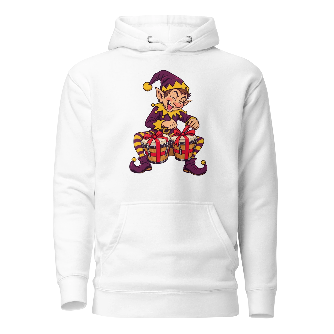 Elf tying gift bows around a pair of bongos Hoodie