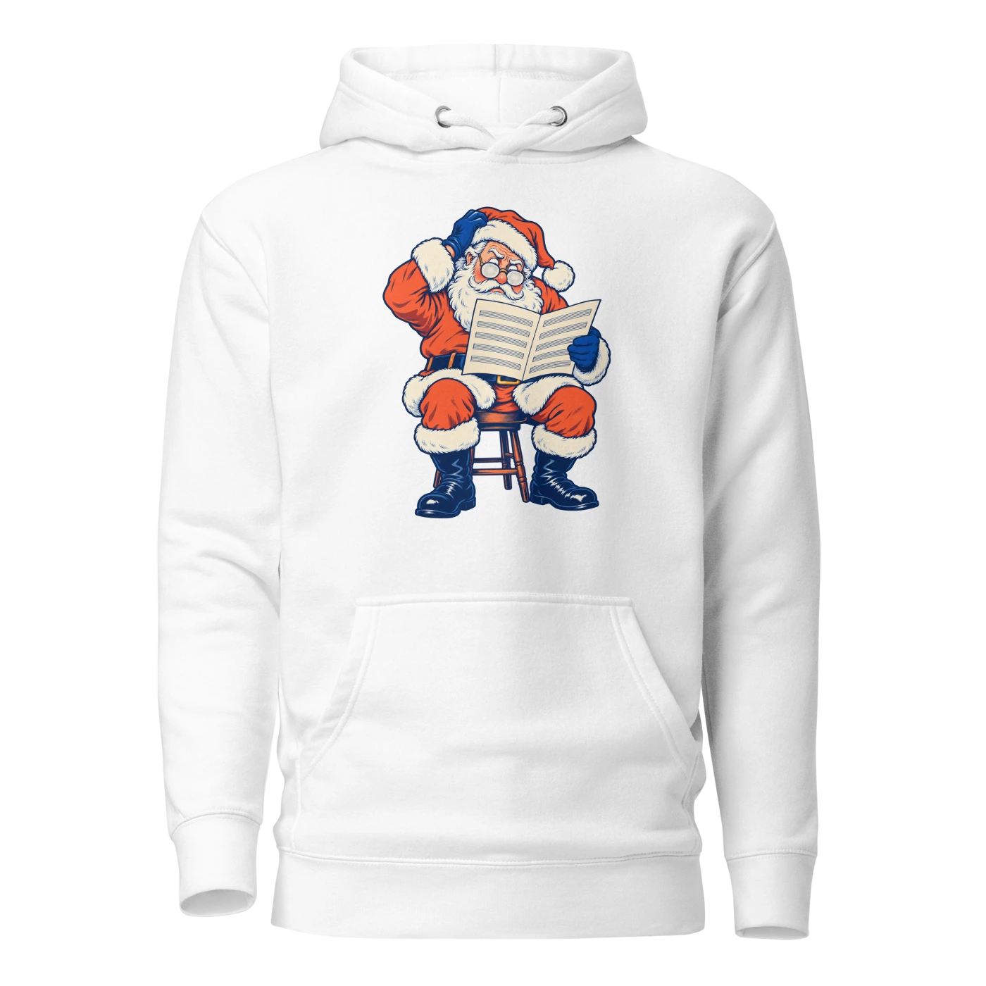 Santa reading blank sheet music through frosted glasses Hoodie White Front