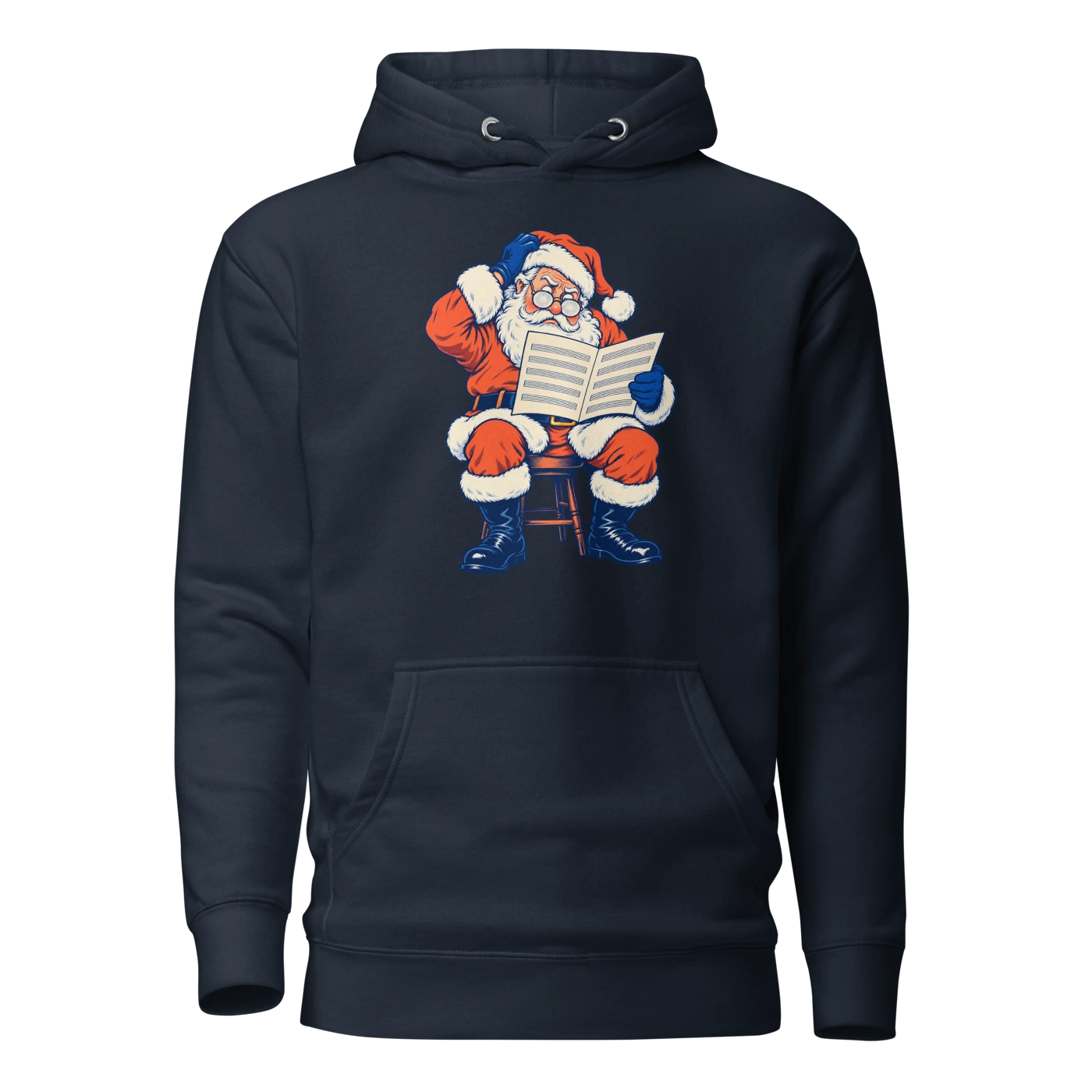 Santa reading blank sheet music through frosted glasses Hoodie Navy Blazer Front