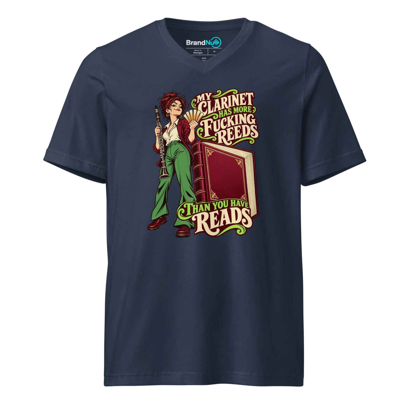 MY CLARINET HAS MORE FUCKING REEDS THAN YOU HAVE READS V-neck T Shirt Navy Front