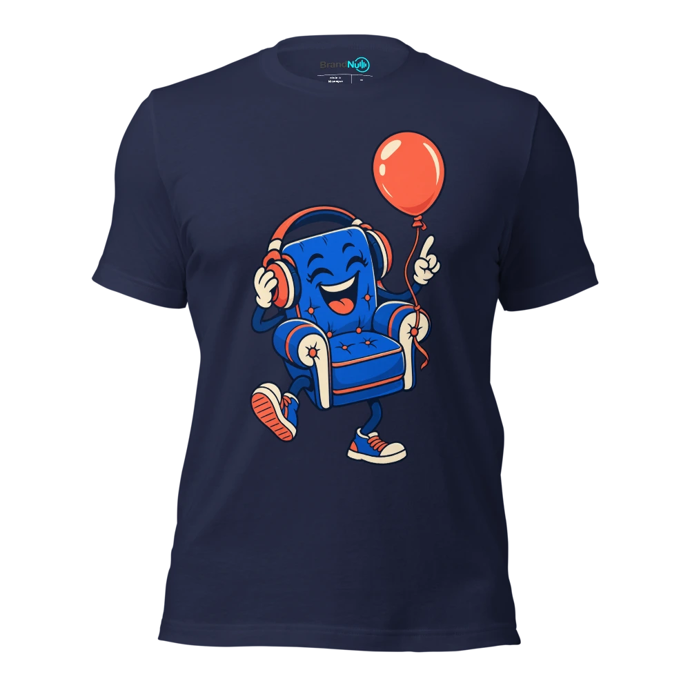 A cheerful armchair wearing headphones with a birthday balloon tied to its leg T Shirt Navy Front