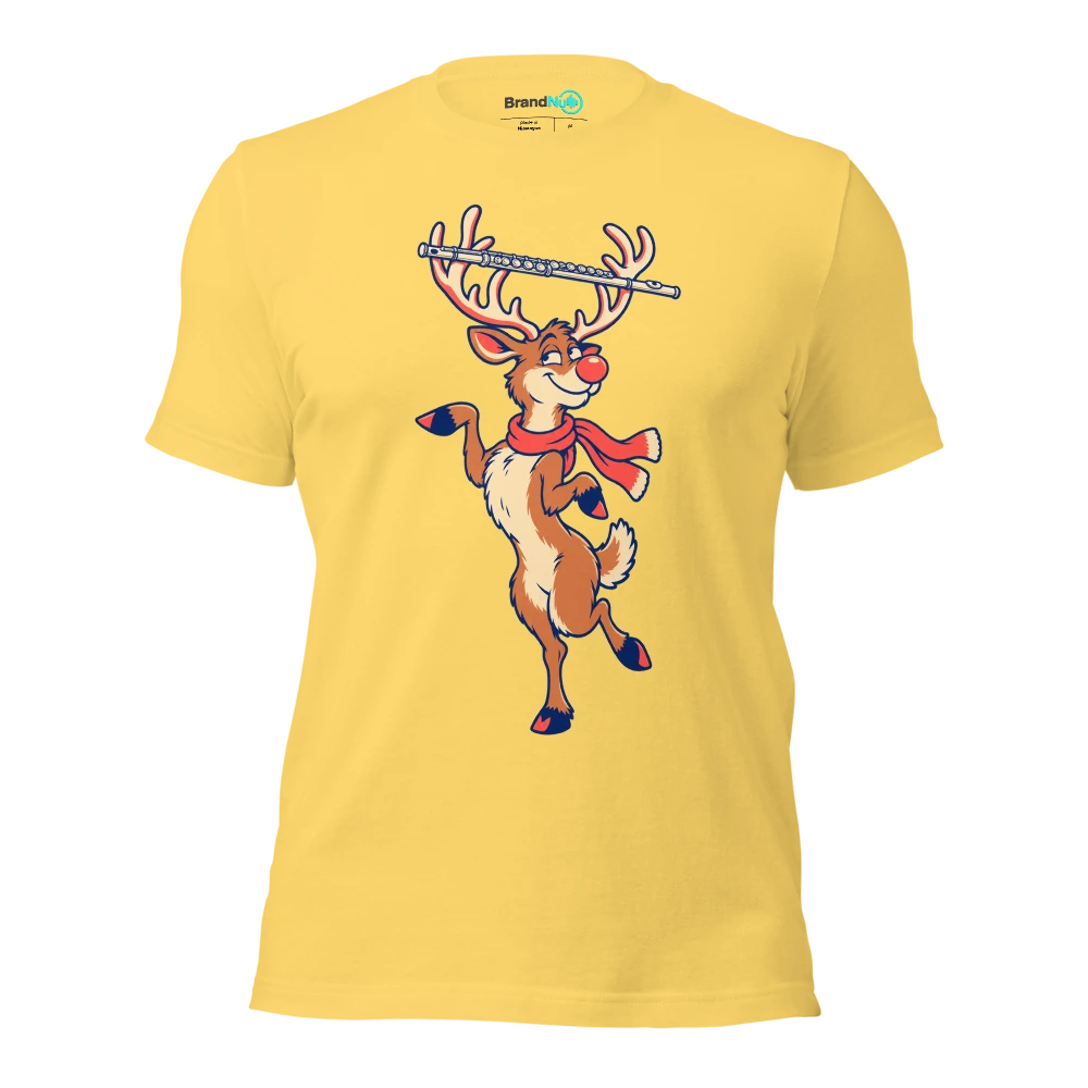 A reindeer balancing a delicate flute across its antlers T Shirt Yellow Front