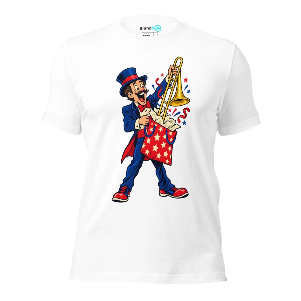 A birthday magician pulling a trombone out of a gift bag T Shirt White Front