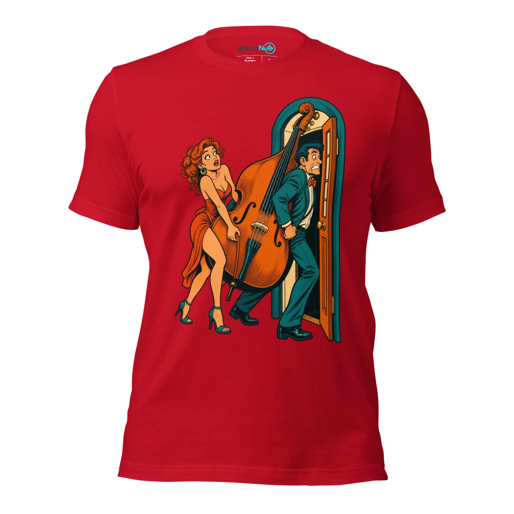 Couple trying to carry a double bass through a tiny restaurant door T Shirt Red Front