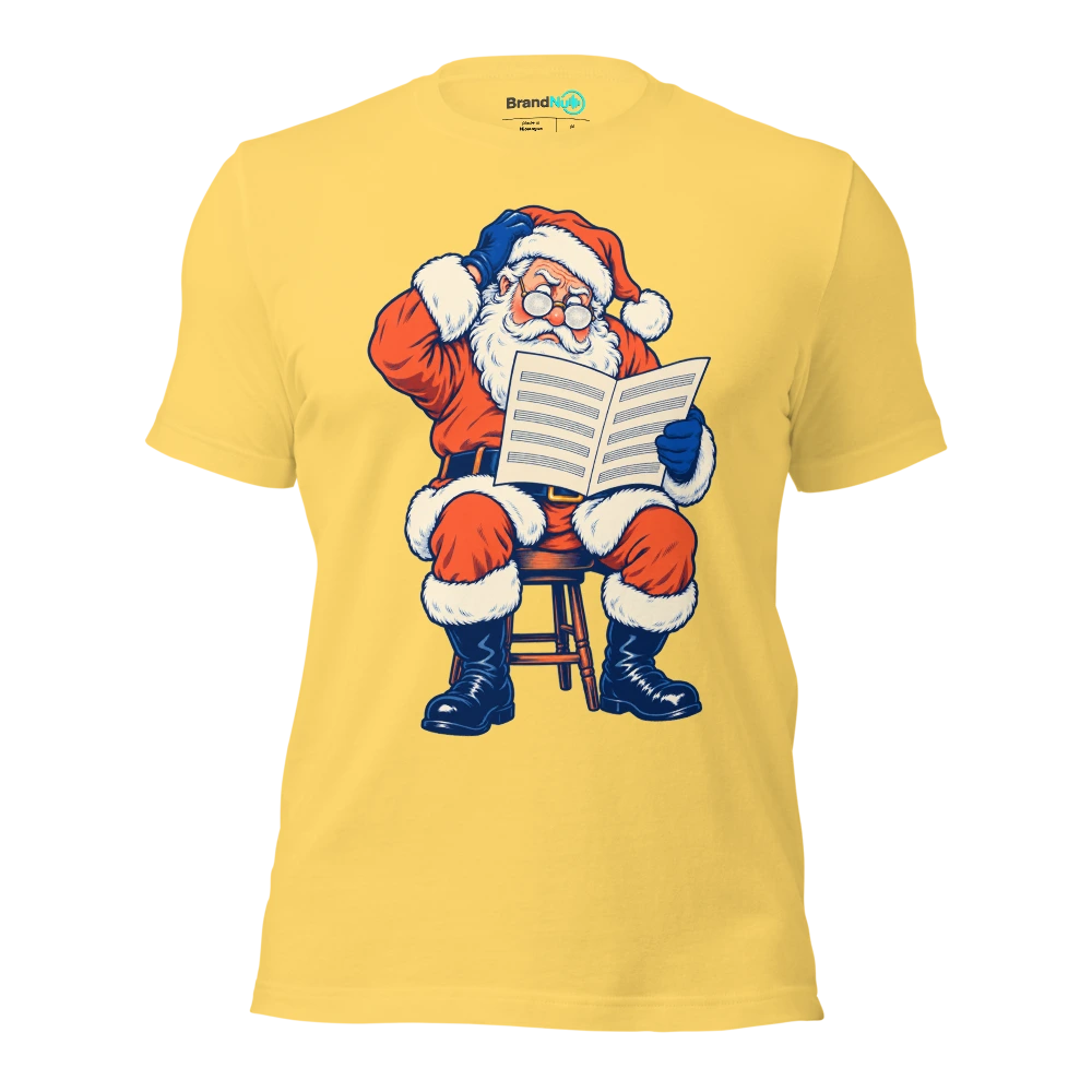 Santa reading blank sheet music through frosted glasses T Shirt Yellow Front