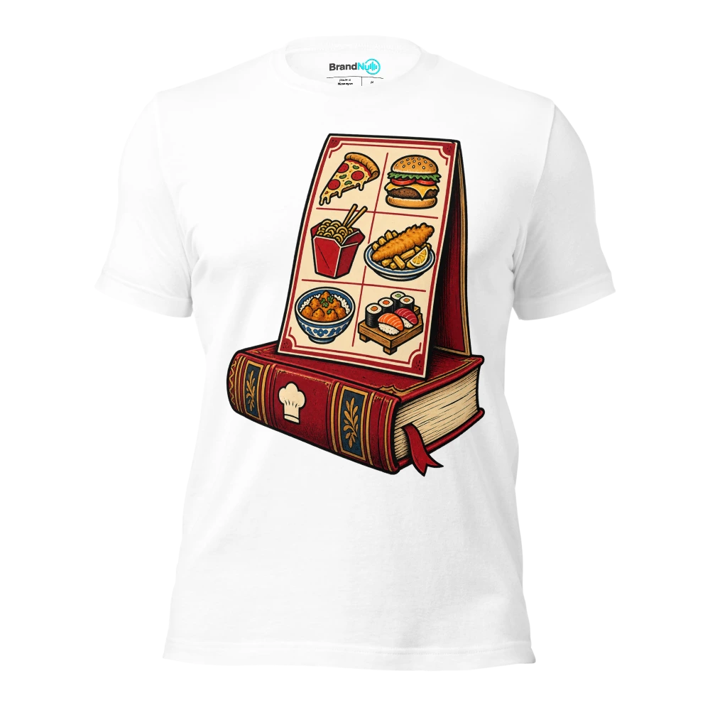 Bought a BrandNu cookbook. Lovely thing to lean the takeaway menu on T Shirt White Front