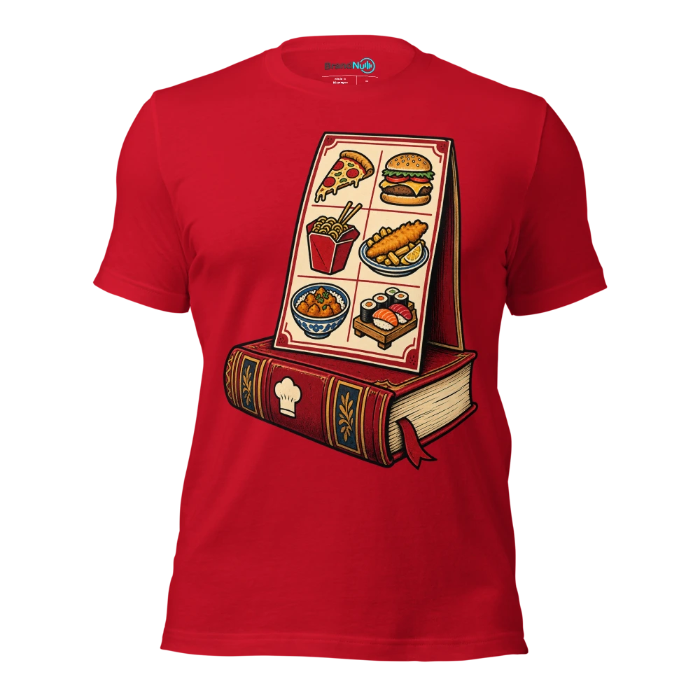 Bought a BrandNu cookbook. Lovely thing to lean the takeaway menu on T Shirt Red Front