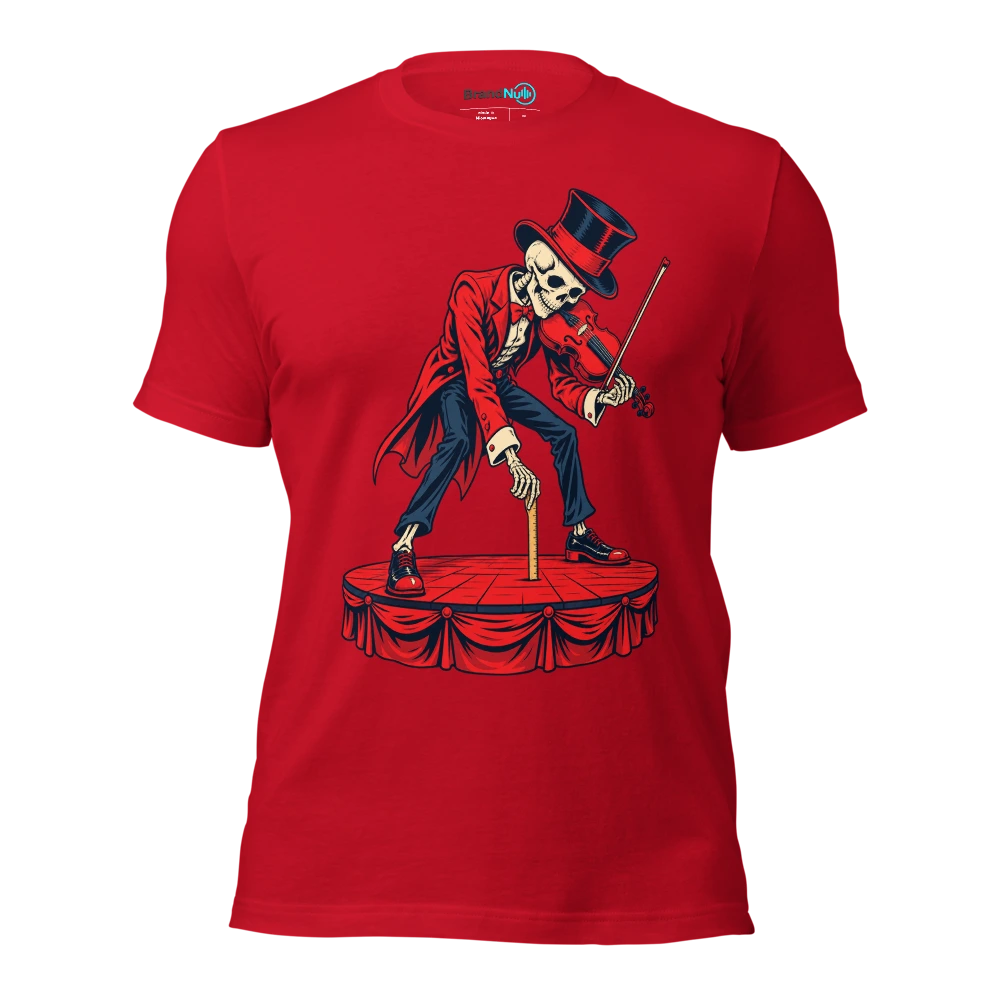 Skeleton violinist measuring the stage with a tiny ruler T Shirt Red Front