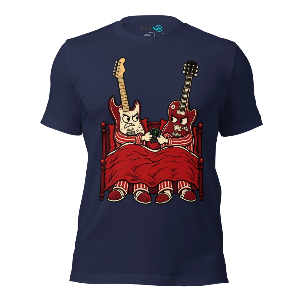 WE SHARE A BED NOT A GUITAR TUNER T Shirt Navy Front