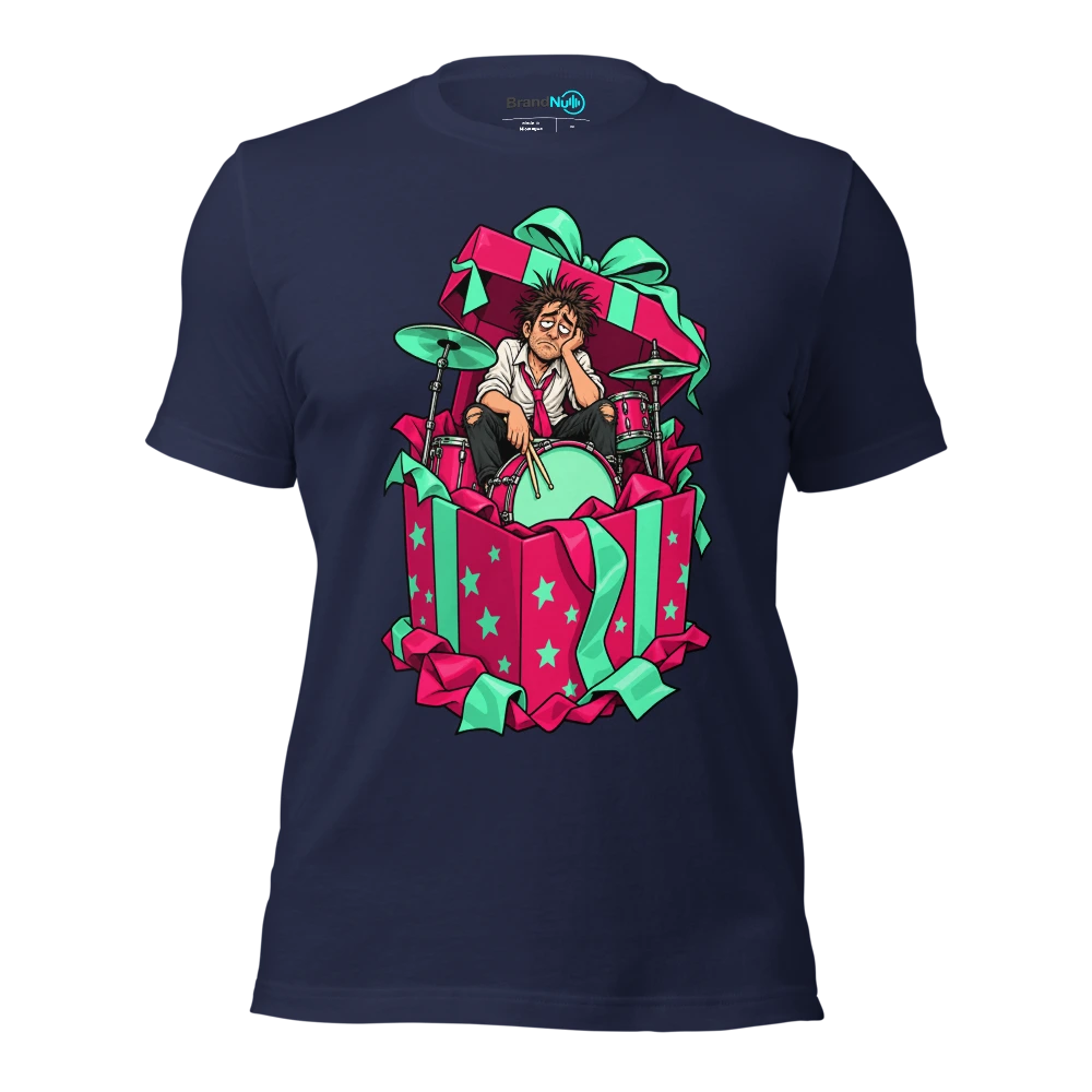 An exhausted drummer sitting inside an enormous open gift box T Shirt Navy Front