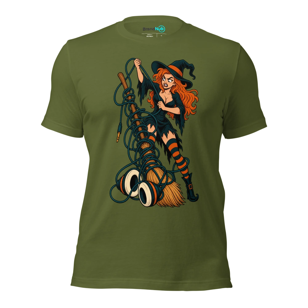 A witch untangling a broom from an enormous headphone cable T Shirt Olive Front