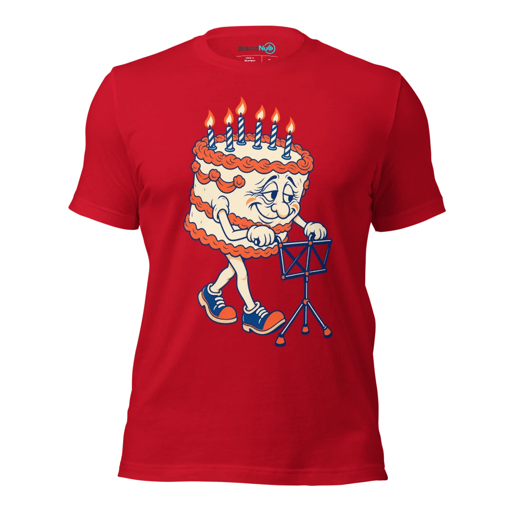 Cake mascot pushing a folded music stand like a walking frame T Shirt Red Front