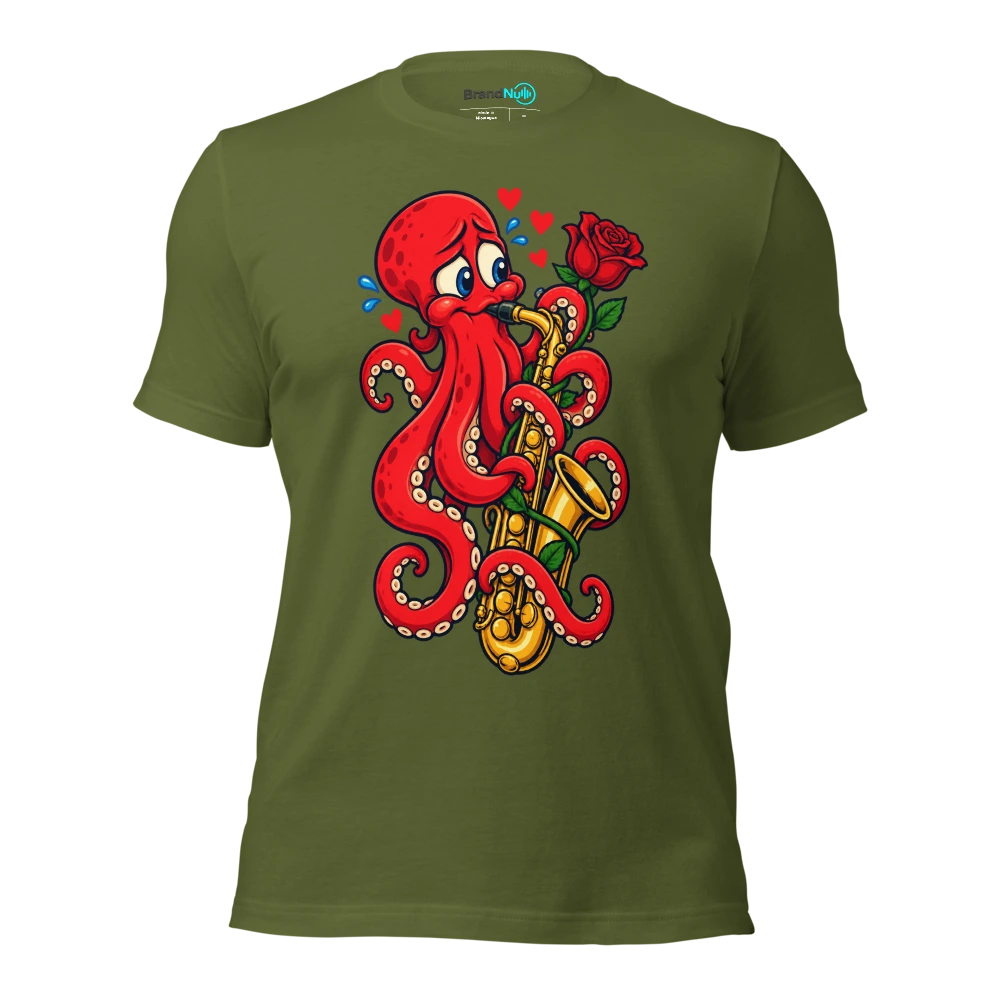 An octopus nervously wrapping a single rose around a saxophone T Shirt Olive Front