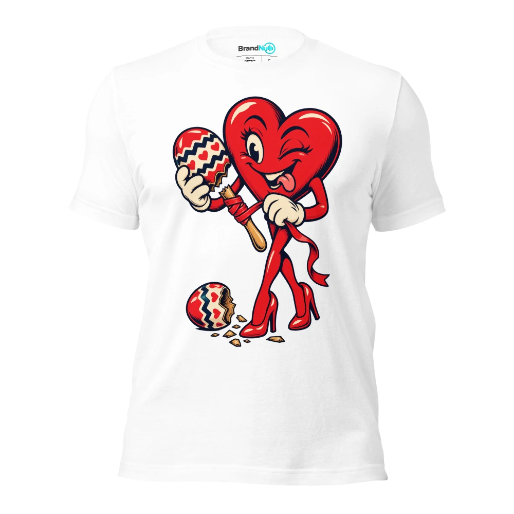 Heart mascot repairing a snapped maraca handle with ribbon T Shirt White Front