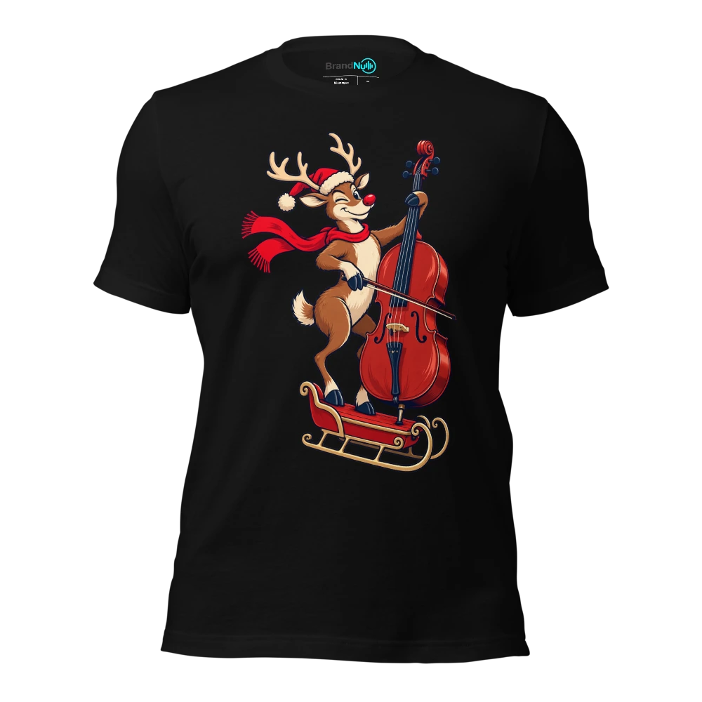 Reindeer balancing a cello on a tiny sleigh T-SHIRT