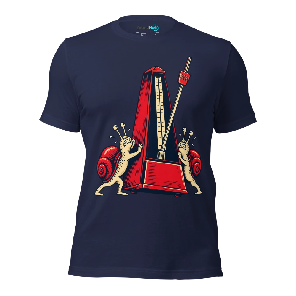 Two snails pushing one enormous metronome together T Shirt Navy Front