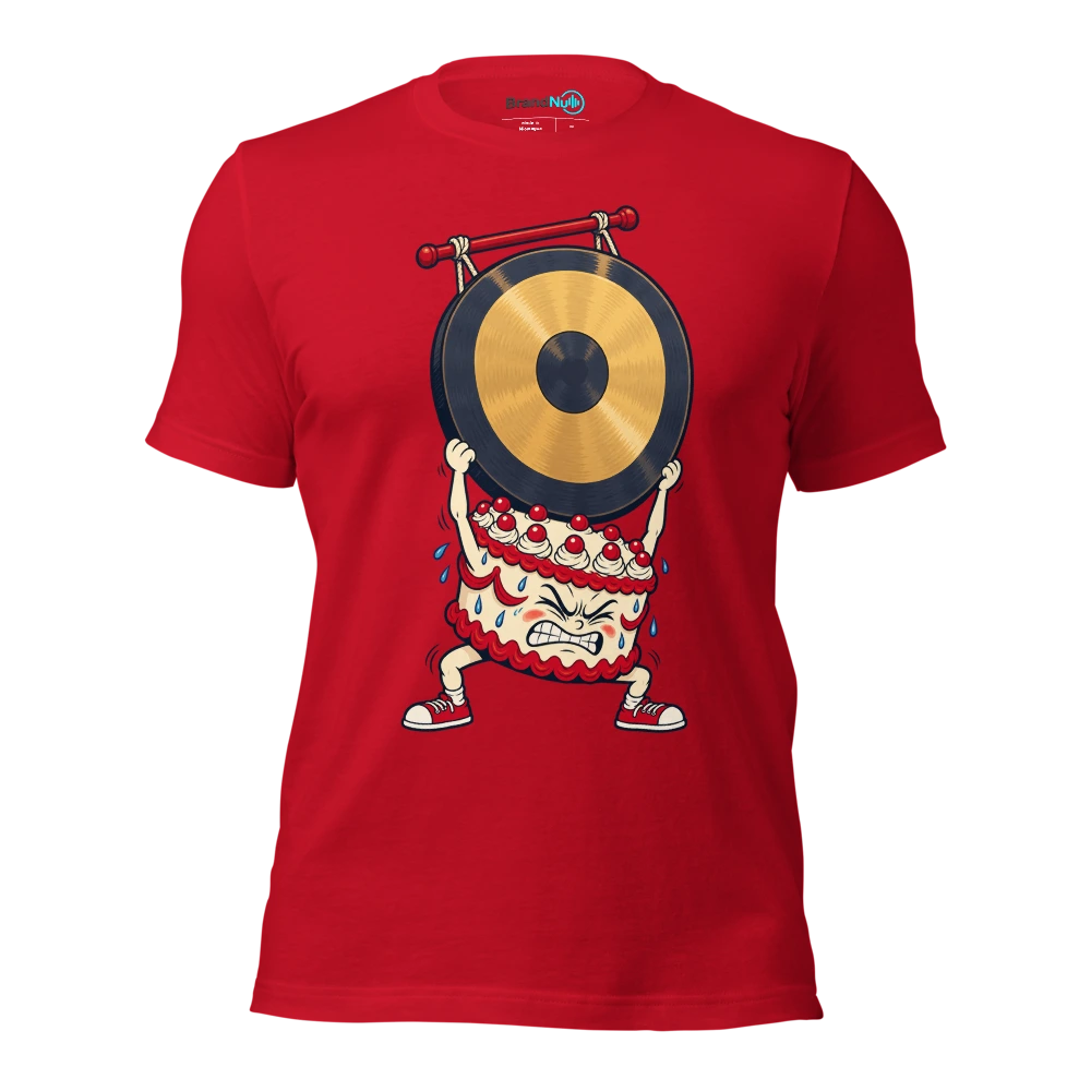 Cake mascot attempting to lift a gong with tiny arms T Shirt Red Front