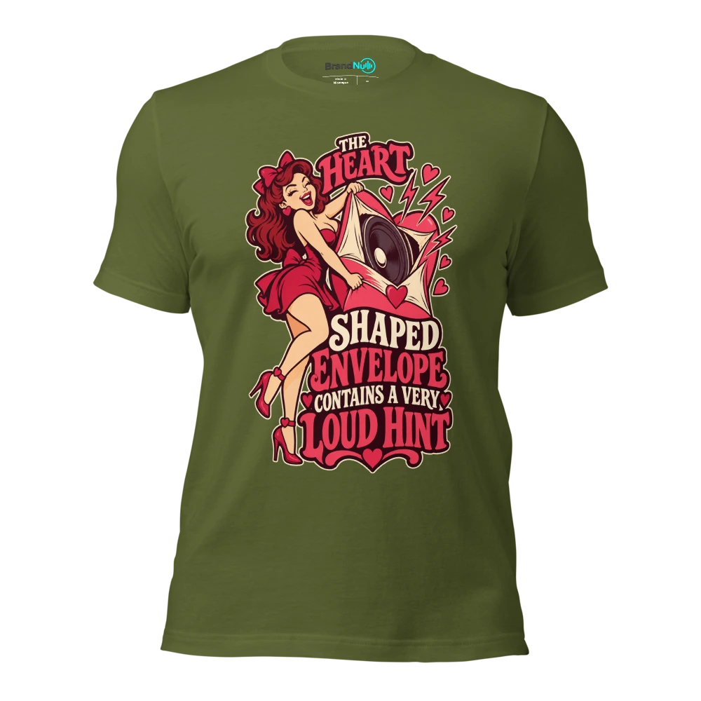 THE HEART SHAPED ENVELOPE CONTAINS A VERY LOUD HINT T Shirt Olive Front
