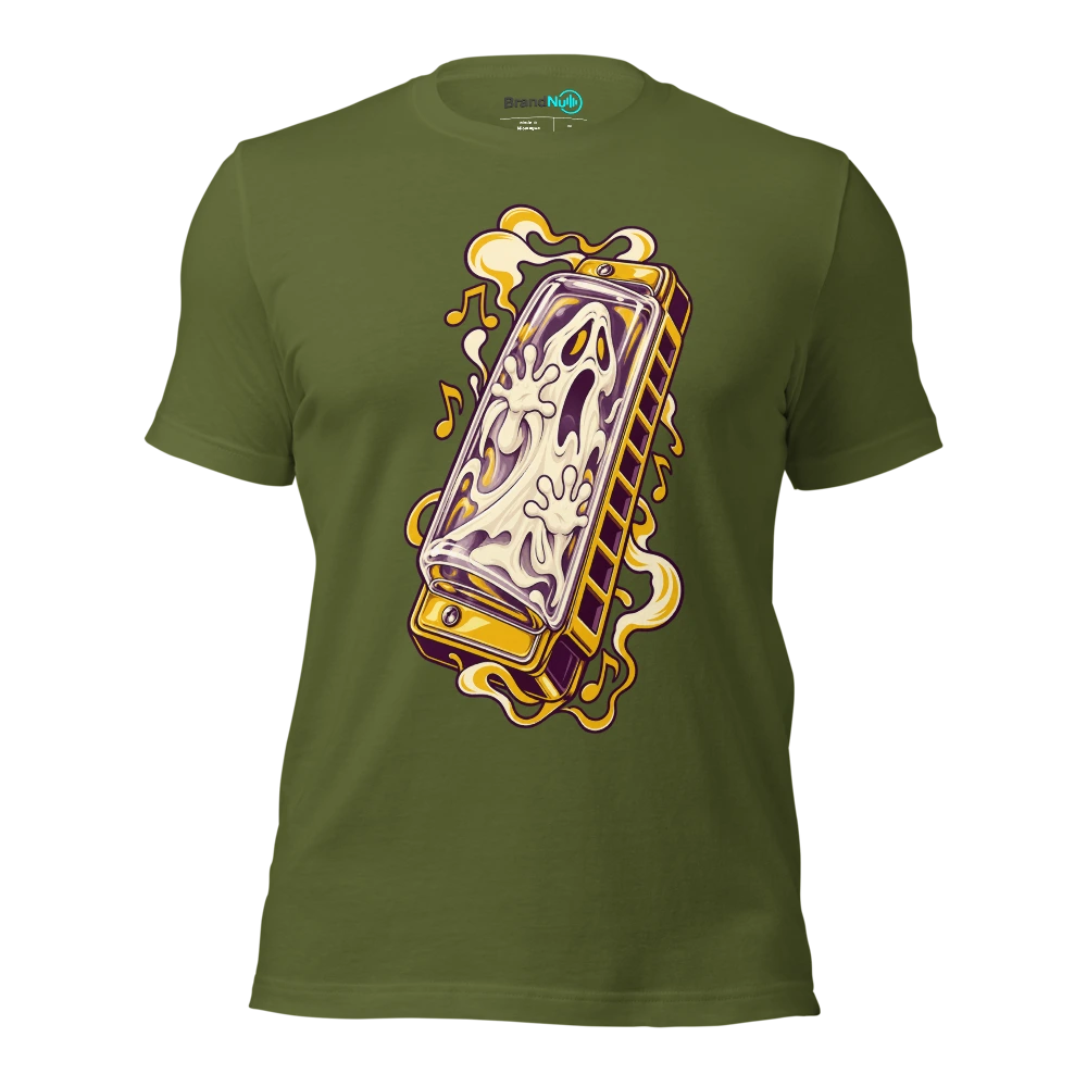 A ghost trapped inside a transparent harmonica T Shirt Olive Front
