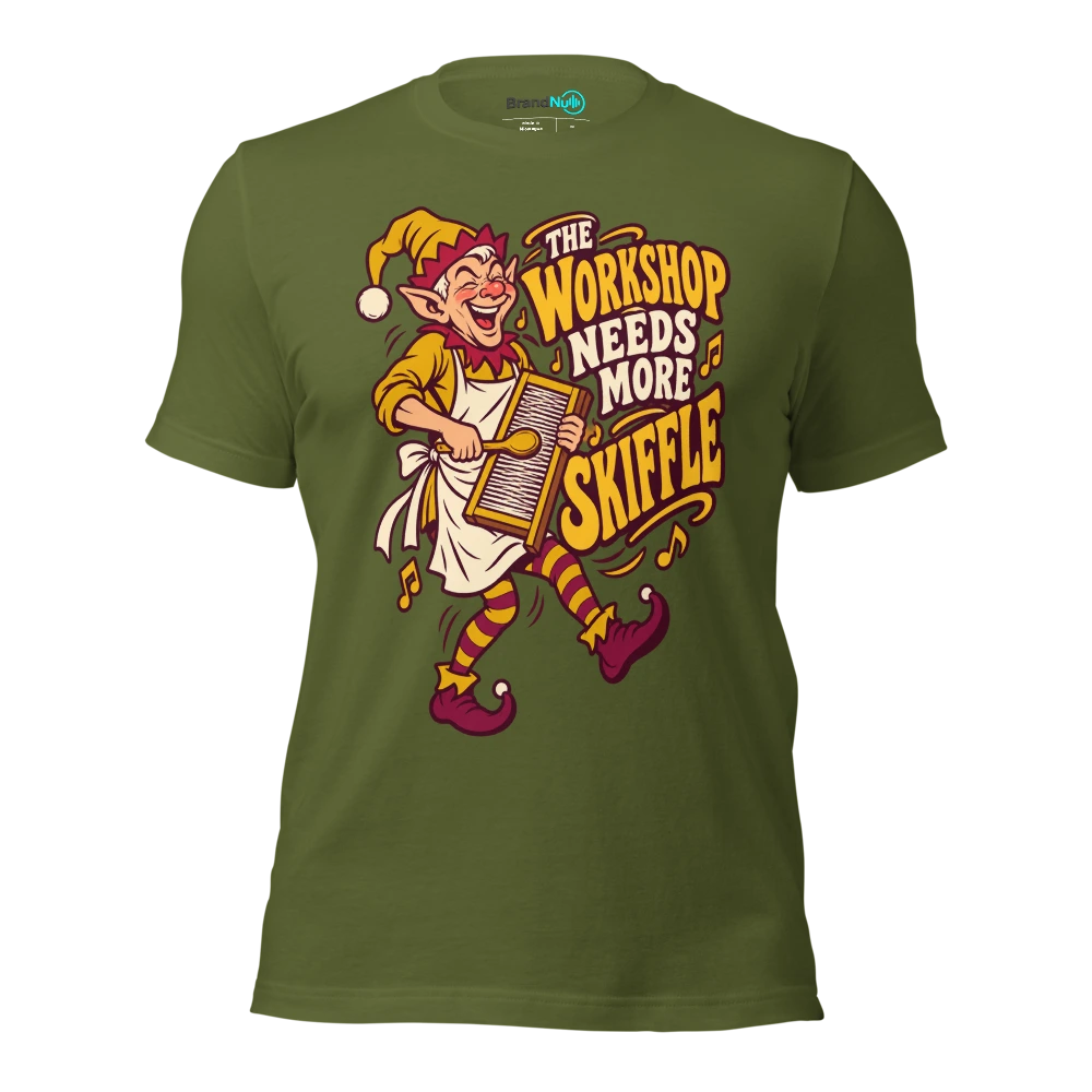 THE WORKSHOP NEEDS MORE SKIFFLE T Shirt Olive Front