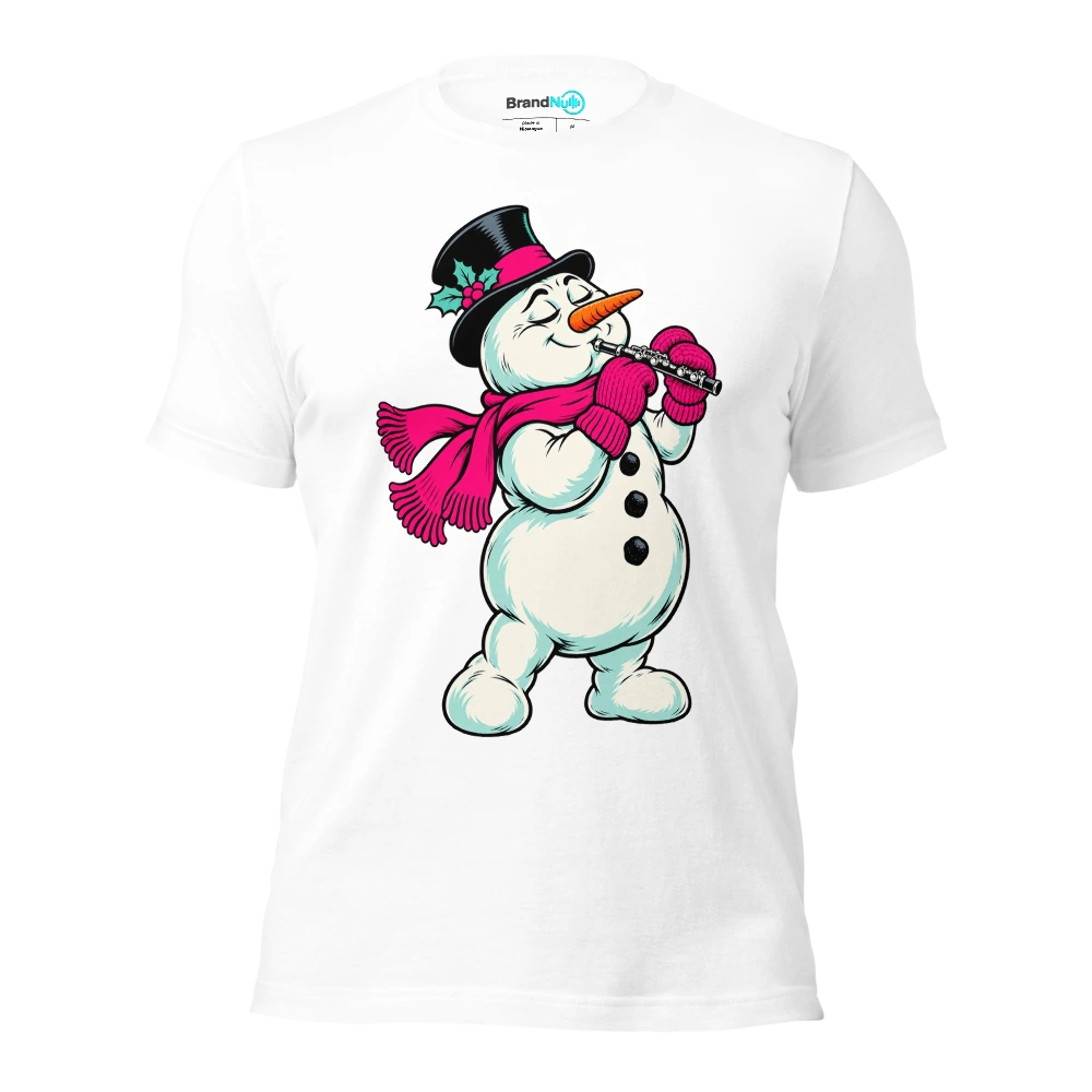 Snowman holding a piccolo with thick wool mittens T Shirt White Front