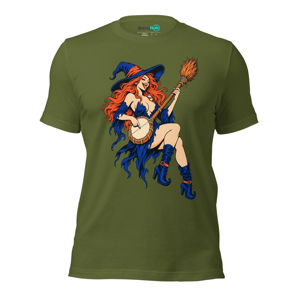 Witch plucking a single string on a broom shaped banjo T Shirt Olive Front