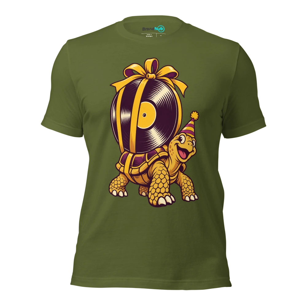 A tortoise carrying a massive blank vinyl record as a birthday present T Shirt Olive Front