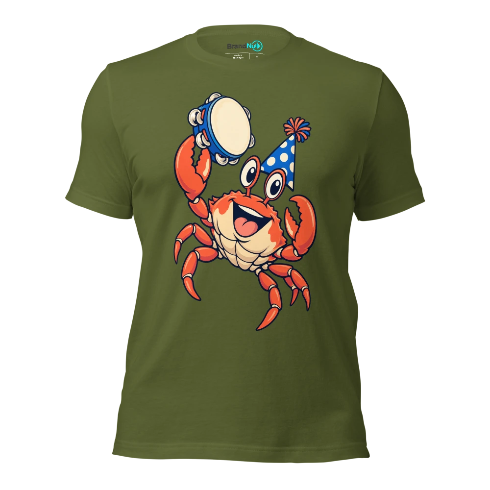 A crab proudly presenting a birthday tambourine T Shirt Olive Front