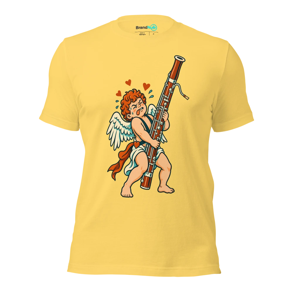 A cupid struggling to carry a full size bassoon instead of a bow T Shirt Yellow Front