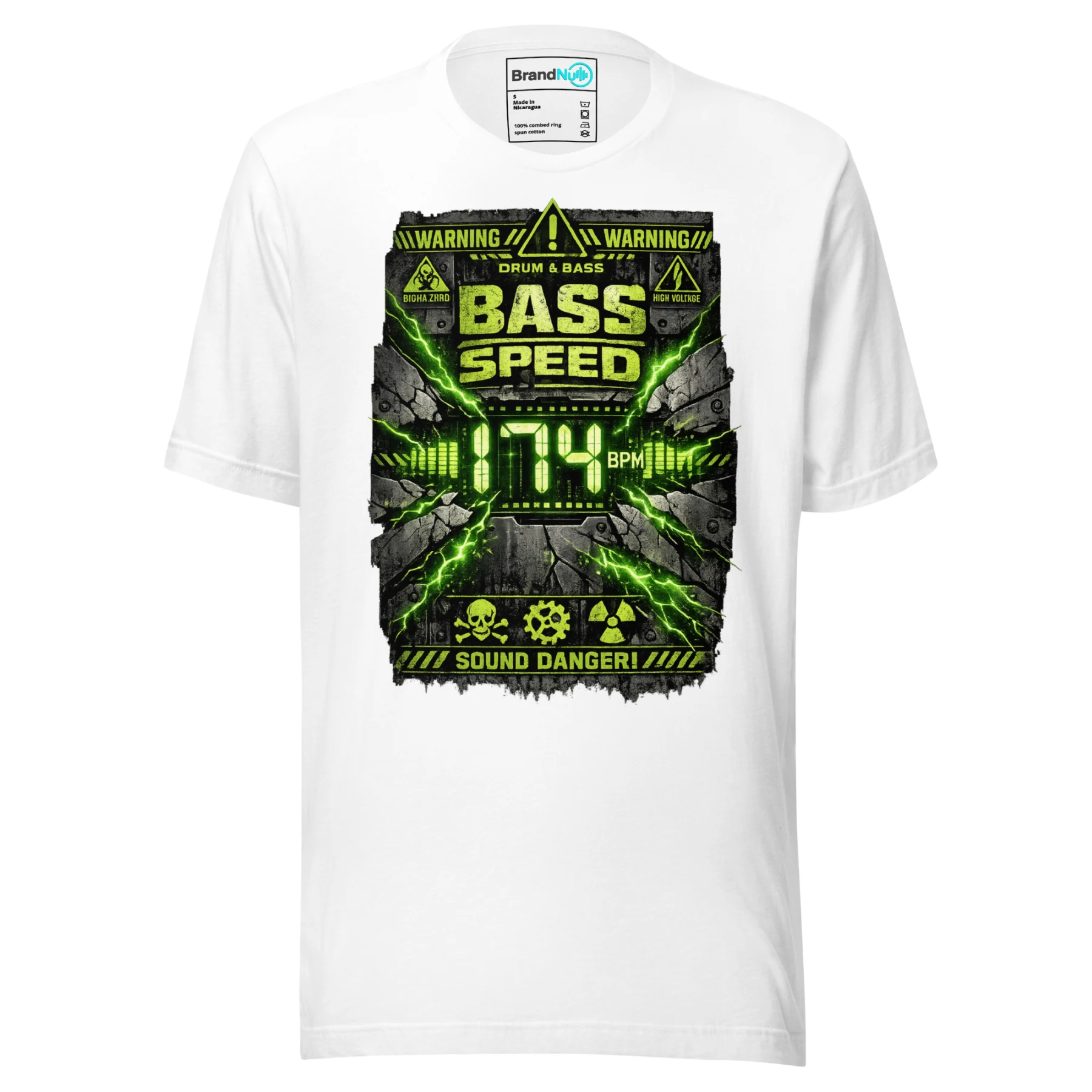 Bass Speed Warning Drum and Bass T Shirt DnB Hazard Rave Graphic Green Screen