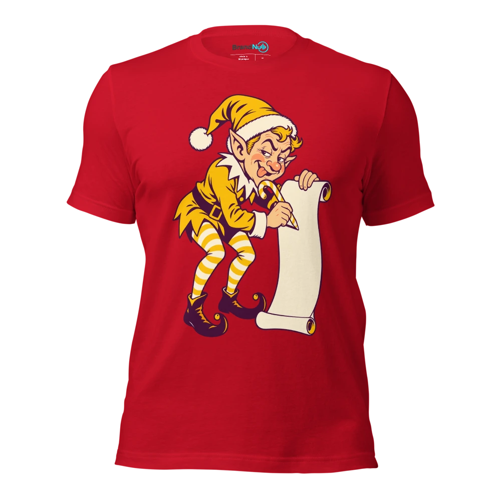 Elf marking blank set list paper with a candy cane T Shirt Red Front