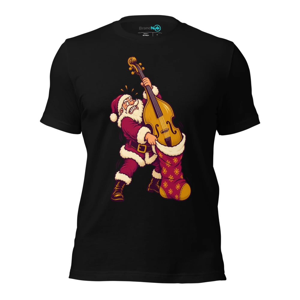 Santa struggling to fit an enormous double bass into a small stocking T Shirt Black Front