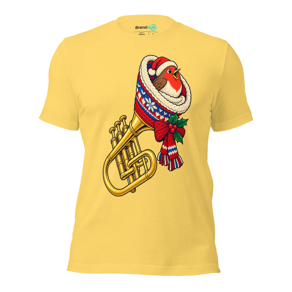 A robin nesting inside a warm wool covered trumpet bell T Shirt Yellow Front