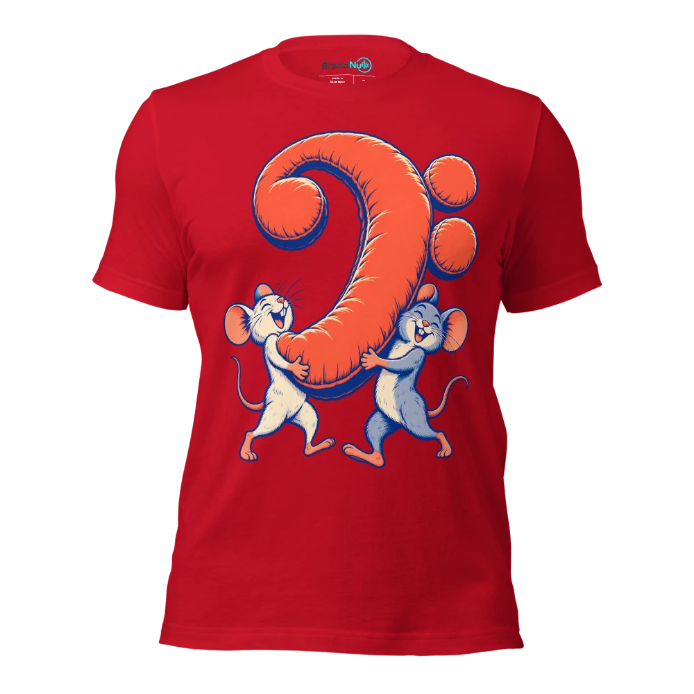 Two mice carrying one enormous bass clef shaped cushion T Shirt Red Front