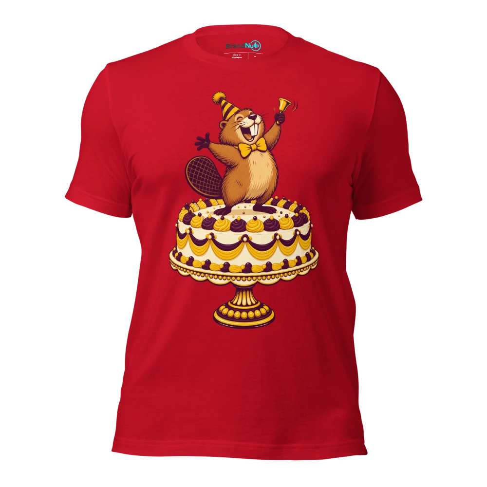 Birthday beaver presenting one tiny handbell on a huge cake stand T Shirt Red Front