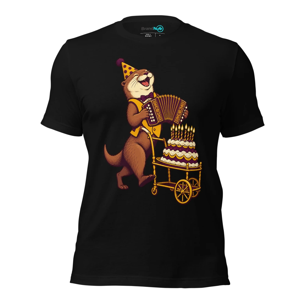 Birthday otter carrying a concertina on a cake trolley T Shirt Black Front