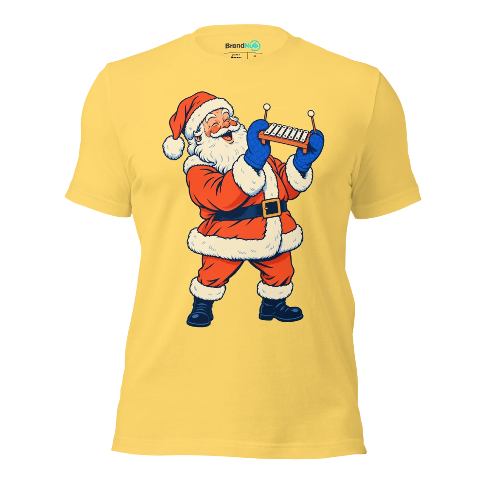 Santa lifting a tiny glockenspiel with oven gloves T Shirt Yellow Front