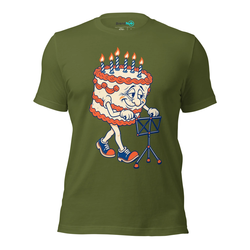 Cake mascot pushing a folded music stand like a walking frame T Shirt Olive Front