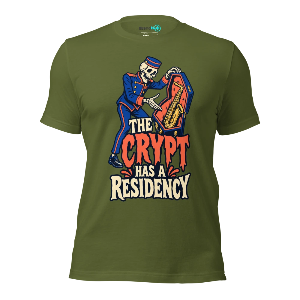 THE CRYPT HAS A RESIDENCY T Shirt Olive Front