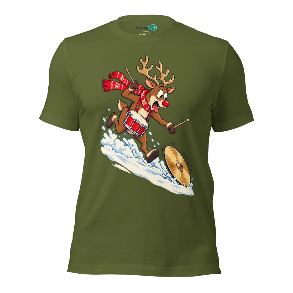 Reindeer drummer chasing a cymbal down a snowy hill T Shirt Olive Front