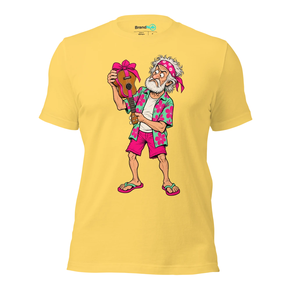 Older musician holding a wrapped ukulele upside down T Shirt Yellow Front